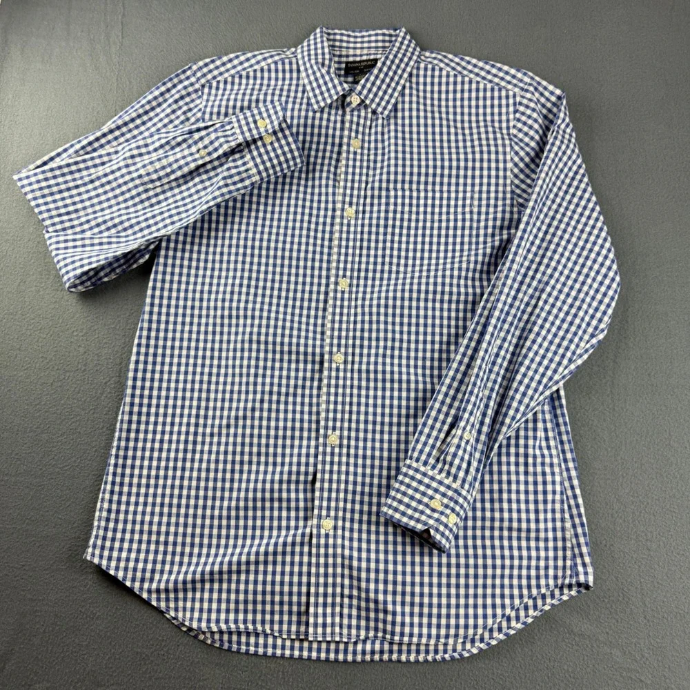Banana Republic Shirt Men's L 16 16.5 Blue Gingham Check Plaid Non Iron Slim Fit